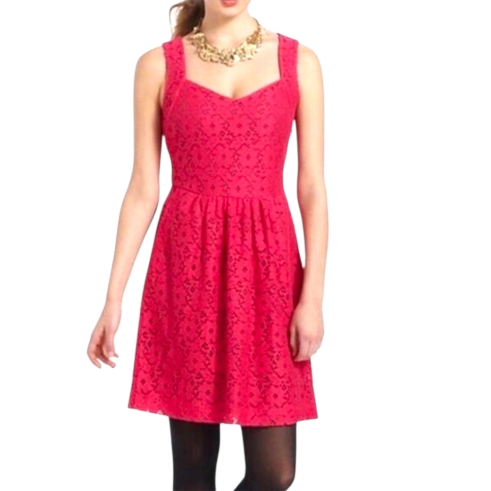 ANTHROPOLOGIE DELETTA Silverfield Red Lace Fit & Flare Back Cutout Mini Dress XS